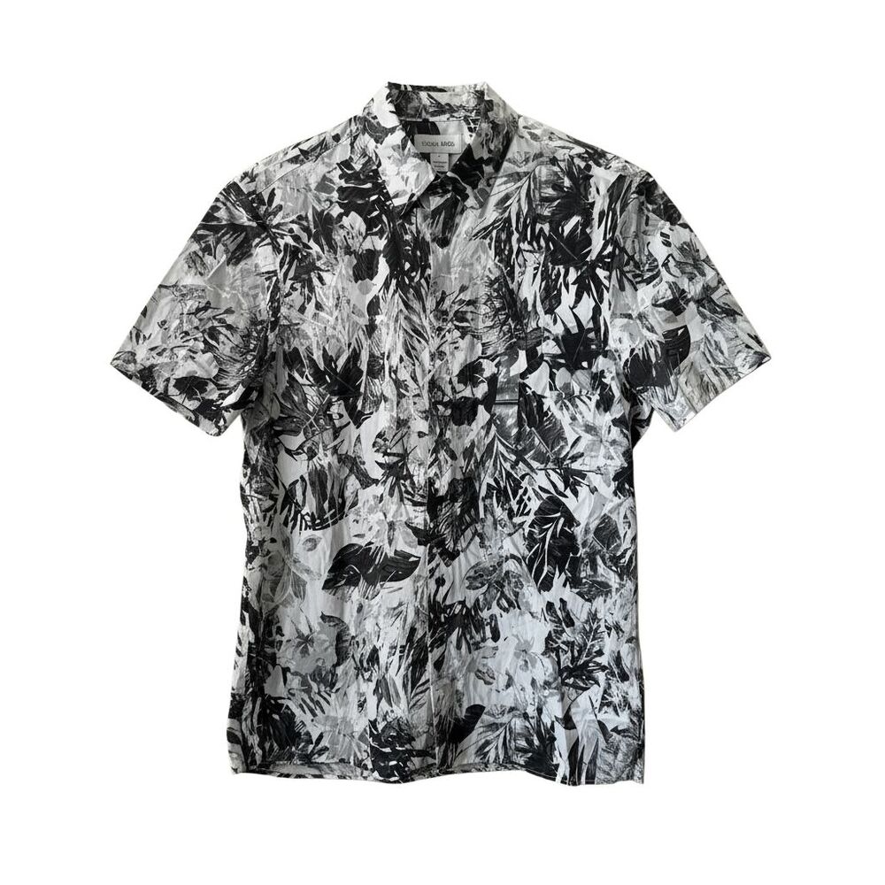 Calvin Klein Men M Short Sleeve Casual Button-Up Shirt Black White Tropical
